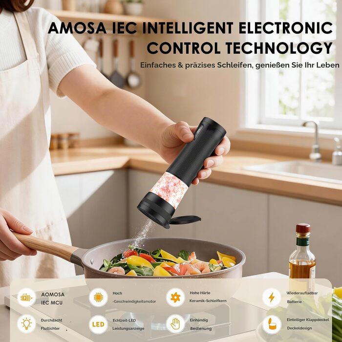 Електрична млин для солі та перцю AMOSA 2-в-1 USB, білий (чорний) з LED підсвіткою та регульованим помелом