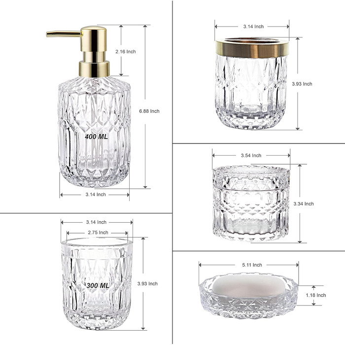 Orange Bathroom Accessories Set, 5-Piece, Clear Glass, Hand Soap Dispenser, Soap Dish, Toothbrush Holder Set, Cotton Swab Jars, Modern Bathroom Decor, Burnt Orange