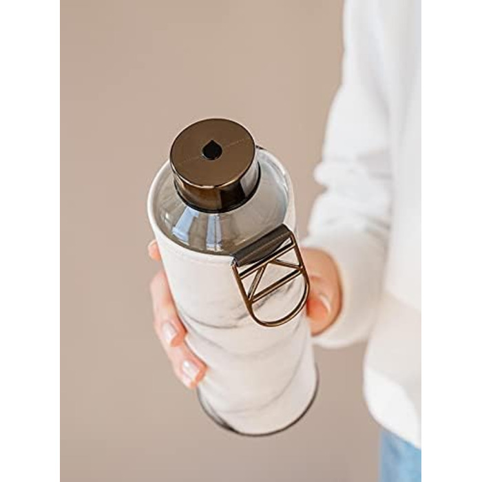 EQUA large drinking bottle with faux leather sleeve, 750 ml, made of borosilicate glass, BPA-free and leak-proof. (Grey/White)