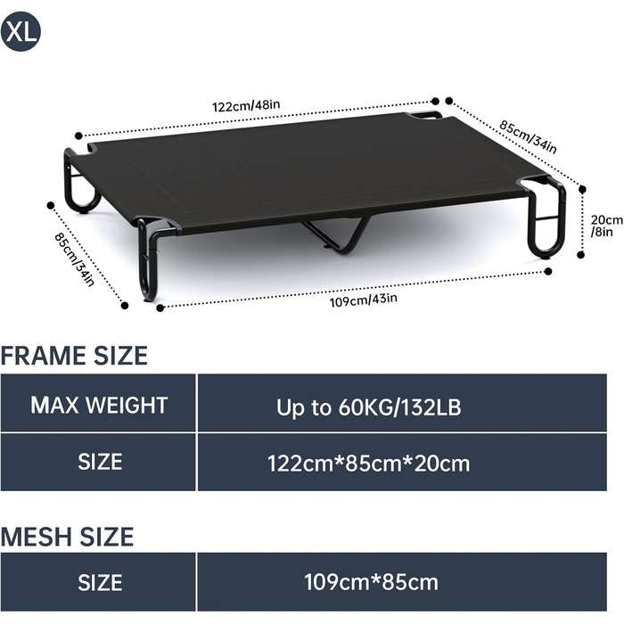 Підвищене собаче ліжко KORIMEFA до 55 кг, Outdoor, миється, для собак середніх розмірів, 122 x 85 x 20 см, з антиковзними ніжками, для дому та саду (XL)