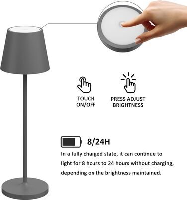 LED настільна лампа K-Bright з димуванням, акумуляторна | Внутрішнє та зовнішнє використання | Природне світло | Водостійка IP54 | 240LM | USB зарядка | Темно-сірий