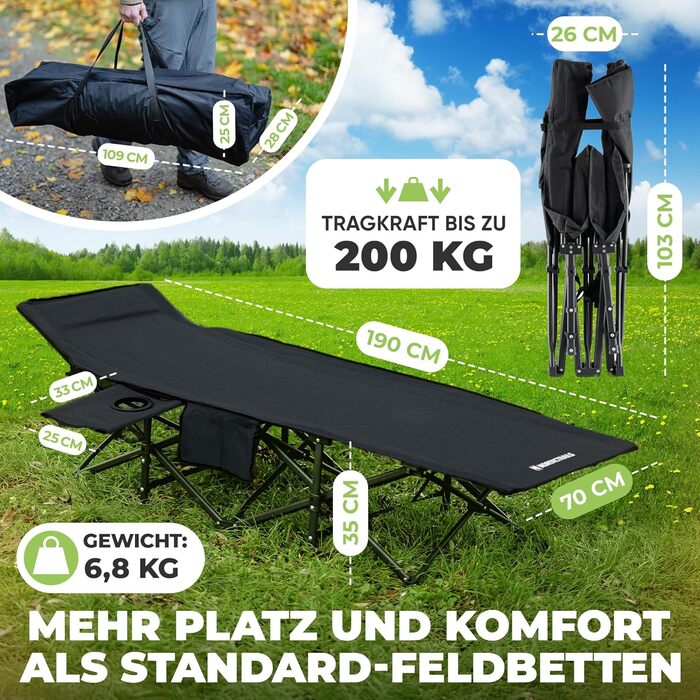 NORDICTRAILS Кемпінгове ліжко NORDICTRAILS - розкладне, XXL, зручне | Для відпочинку на природі, як гостьове ліжко, для риболовлі | З суперм'яким матрацом (без матрацу, чорне)