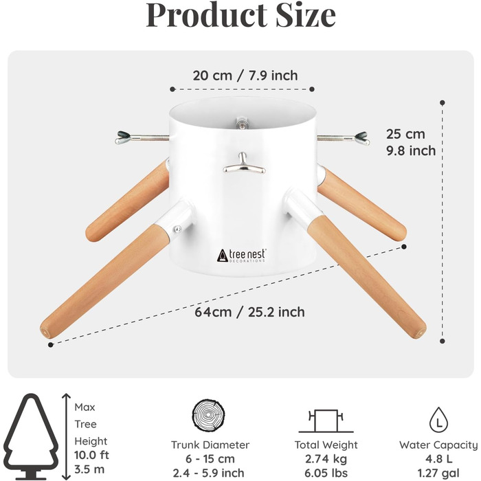 Підставка для ялинки Tree Nest - міцна, з водосховищем, для великих ялин (до 3м), діаметр 20.5 см, білий колір