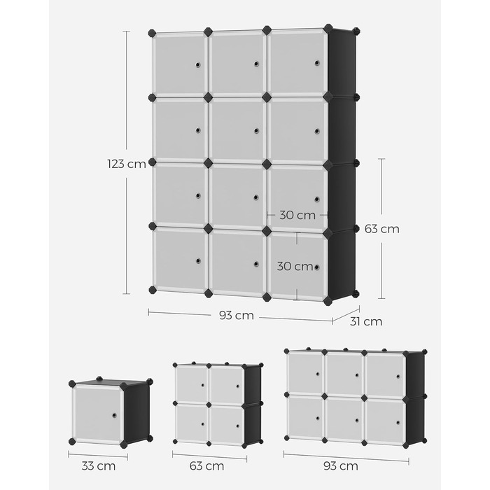 SONGMICS Regal System, Shoe Rack, Set of 16 Cubes, Plastic Wardrobe, with Doors, Plug-in Shelf, Storage for Clothes, Shoes and Books, Easy Assembly, LPC443G01 (12 Cubes (93B x 123H cm), Black)