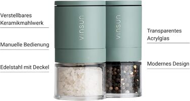 Набір з 2 мельниць для солі та перцю Vinsun - ручні, з регульованим керамічним жорном, нержавіюча сталь, ø51x100mm
