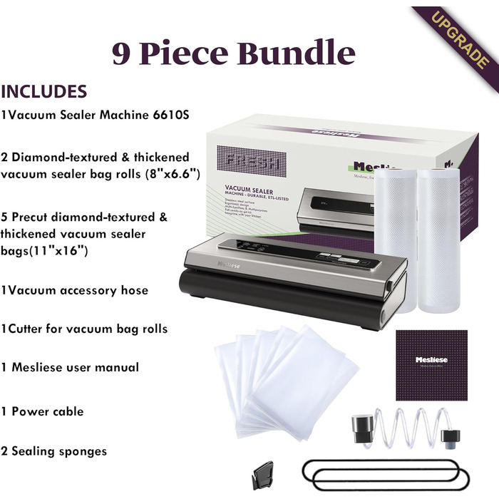 Вакуумний пакувальник Mesliese 90kPa 6-в-1: Компактний пристрій для зберігання продуктів з вбудованим різаком, 2 рулони та 5 пакетів, для сухого та вологого режиму, срібний