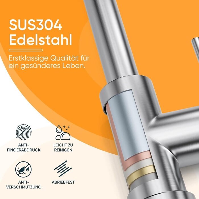 Кухонний змішувач BESy з 3 режимами струменя, висувна лійка, водоспад, поворотний на 360°, з нержавіючої сталі SUS304, для кухні