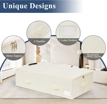 Комод під ліжко Lannvan, 2 шт. Коробки для зберігання під ліжко з кришкою, складні, з 4 посиленими ручками, для одягу, постільної білизни, ковдр, подушок (70 * 41 * 18 см), Бежевий