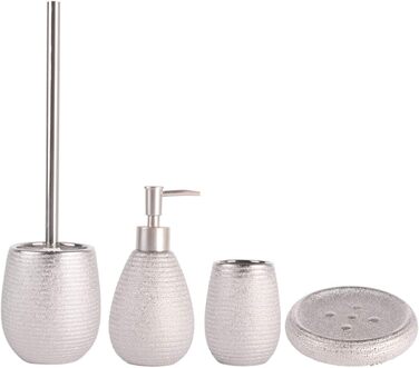 Набір для ванної кімнати MSV Oman, 4 шт. з кераміки: мильниця, тримач для зубних щіток, дозатор для мила та щітка для унітазу, сріблястий