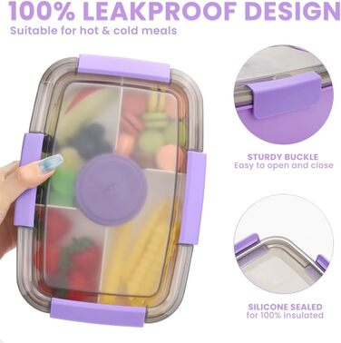Ланчбокс Bugucat 2000 мл, непромокаючий, з відділеннями, для дітей та дорослих, салатовий контейнер, з виделкою, для школи, пікніка, чорний (2000 мл - фіолетовий)