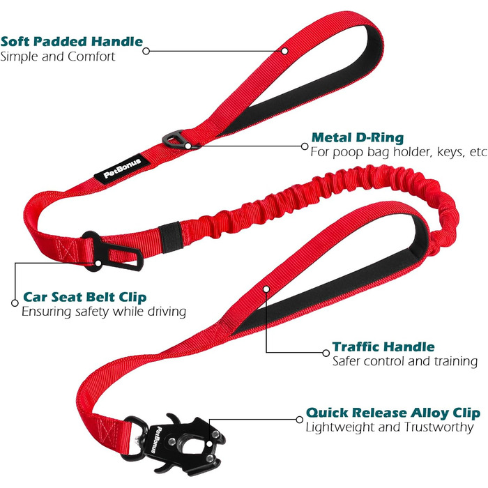 Тактична повідок для собак PetBonus Heavy Duty, 1,5м, еластична, з двома м'якими ручками, страхувальний ремінь для авто, навчальна повідок No Pull для великих та середніх собак (Армійний зелений, Червоний)