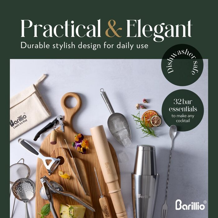 Набір бармена Barillio Pro Edition: 32 предмети з нержавіючої сталі для приготування коктейлів. Boston Shaker, міксер, товкачик. Аксесуари для домашнього бару.