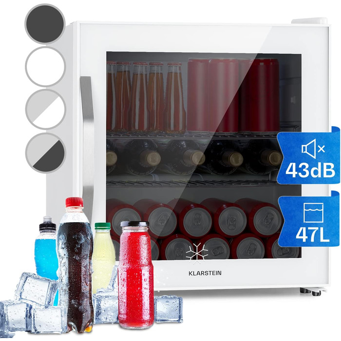 Міні-холодильник Klarstein з скляними дверцятами, для кімнати, барний холодильник з регульованими полицями, компактний, для дому/на вулицю, тихий (47 л, білий)