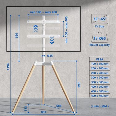 Adjustable TV Stand Tripod - Fits 32-65 inch TVs, VESA 400x400mm, 35kg Weight Capacity, Beige