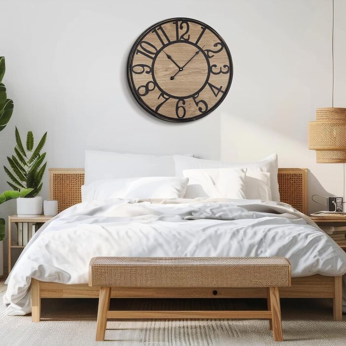 Large Wall Clock Without Ticking, 50 cm / Silent Wood Vintage Wall Clock Retro Battery Operated Modern For Living Room Bedroom, Kitchen, Farmhouse, Office Decoration (24 inches, Antique Bronze Metal - Arabic Numerals)