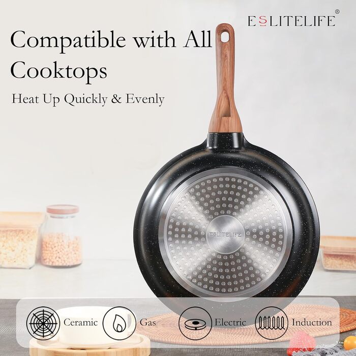 Набір сковорідок ESLITE LIFE 7-частинний з кришкою, антипригарне покриття, індукційні, з гранітною емалевою поверхнею та дерев'яним шпателем, чорний