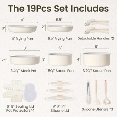 Набір посуду Chef Power Keramik 19-ти частинний, з антипригарним покриттям, знімний ручка, для індукційних плит, сумісний з посудомийною машиною, для духовки, набір для дому/кемпінгу, сірий та білий колір