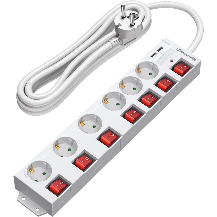 Мережевий фільтр DEWENWILS з USB, 6 розеток, індивідуальне вмикання, захист від перевантаження, дитячий замок, поворот на 90°, 5 м, білий
