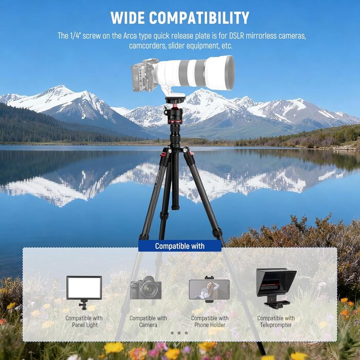 Штатив для камери NEEWER BASICS 77' з моноподом, кульковою головкою 360°, QR-пластиною Arca, компактний, легкий, алюмінієвий, для подорожей, відеозйомки, з перевернутими ніжками та центральною колоною, до 6кг (TP17)