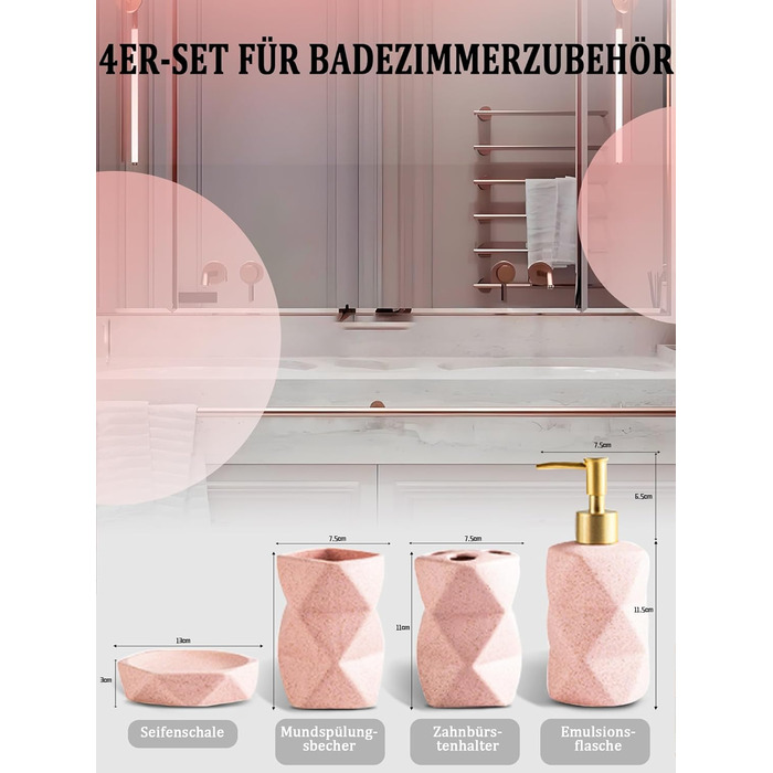 Набір для ванної кімнати 4 предмети, кераміка, рожевий: дозатор для мила, мильничка, стакан для зубних щіток, підставка для зубних щіток - декор для ванної