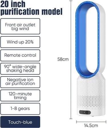 2-в-1 Вентилятор з очищувачем повітря, безщітковий, з пульт дистанційного керування, 8 швидкостей, 90° осциляція, таймер, для спальні, офісу (блакитний)