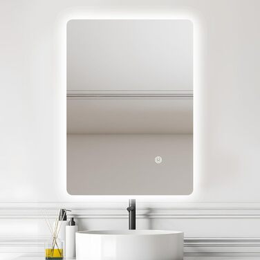 Дзеркало для ванної кімнати LED 50x70 см з підсвічуванням, сенсорне керування, регулювання яскравості, 3 кольори світла, без рамки