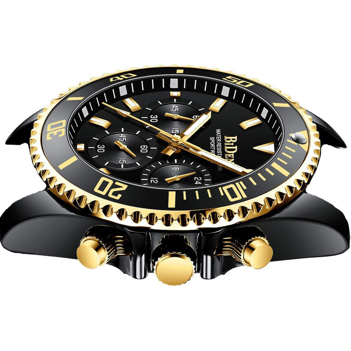 Годинник чоловічий Biden BIDEN-0163, аналоговий, кварц, з браслетом з нержавіючої сталі, чорний / золотий