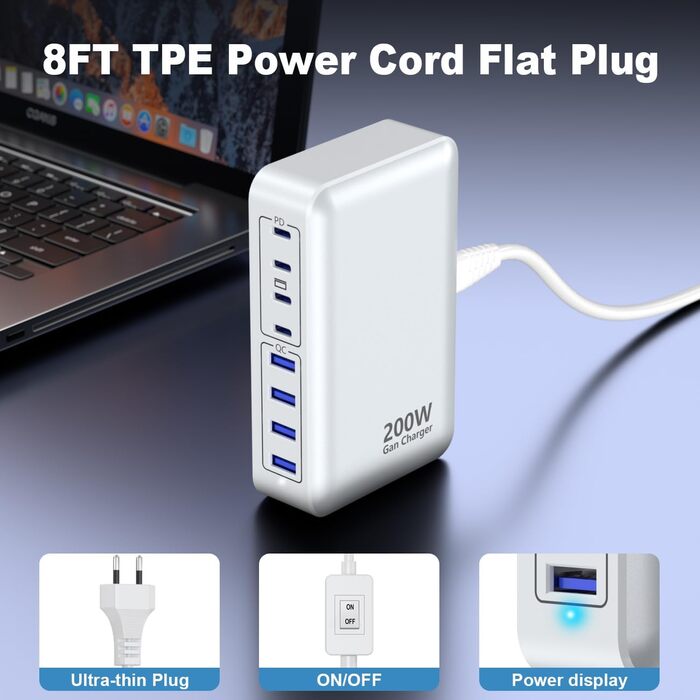 Зарядний пристрій USB-C 200W, 8 портів GaN, швидка зарядка, адаптер PD 65W для ноутбука MacBook/Dell/Steam Deck, iPhone 17/16/15/14, Galaxy S24/S23 (Білий)