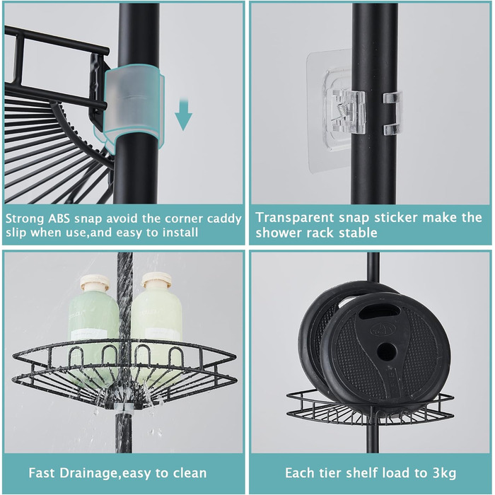 Hoomtaook Telescopic Shower Shelf, Shower Caddy Without Drilling Corner Stainless Steel Corner Shelf with 4 Shower Baskets, Telescopic Bathroom Shelf Height Adjustable 85-325cm for Bathroom and Kitchen, Black
