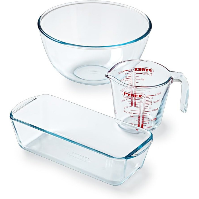 Pyrex 3-Piece Baking Set – 1 x 0.5 L Measuring Cup + 1 x 2 L Mixing Bowl + Cake Pan – Borosilicate Glass – Scratch-Resistant