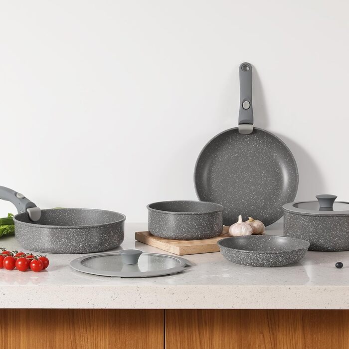 Набір посуду з керамічним покриттям 9 предметів, антипригарний, для індукції та духовки, без PFOA та PTFE, сірий