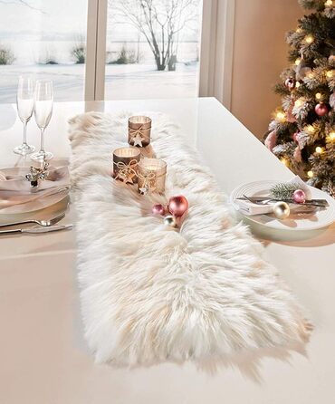 Table runners, faux fur, sizes and variations, tablecloth, center table runner (cream white, 30x120 cm)