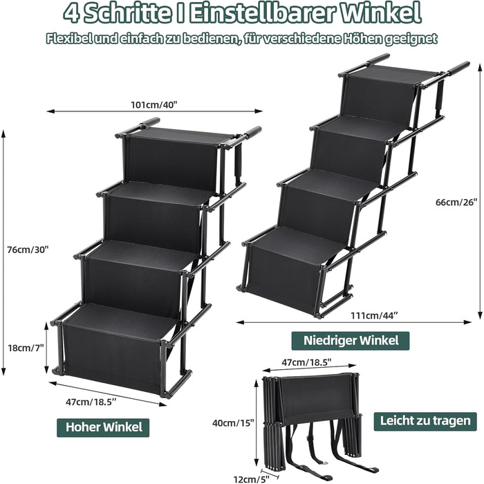 Folding Dog Ramp for Cars - 4 Step Pet Staircase, Up to 80kg, Black - Gentle on Joints