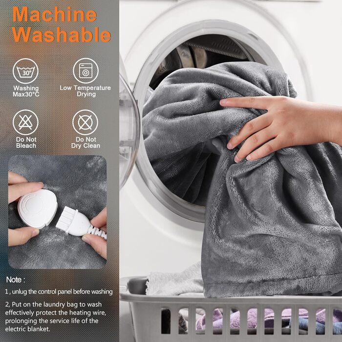 Електрична ковдра з підігрівом 190x130 см, фланель, 9 рівнів нагріву, автовимкнення, захист від перегріву, пральна, сіра