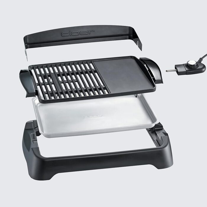 Cloer 656 Electric Grill - Tabletop Grill with Splash Guard, Large 43x30.5cm Non-Stick Surface, 2000W, Black