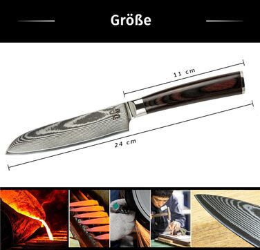 Ніж Santoku ZEUß з дамаської сталі (24 см) - професійний кухонний ніж з дамаської сталі 67 шарів, з точильним каменем, дерев'яною ручкою, захистом леза та подарунковою коробкою (сірий)