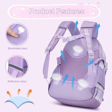 Шкільний рюкзак для дівчаток з візерунком, дихаючий та водовідштовхуючий рюкзак для 1-5 класів (рюкзак для дітей + ізольована ланч-торбинка + пенал, фіолетовий)