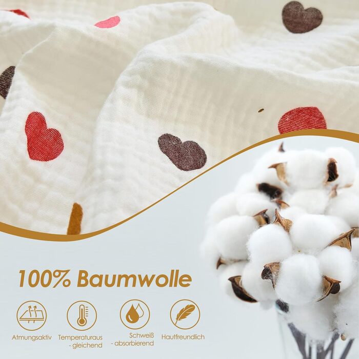 Муслінова постільна білизна для дитячого ліжечка: комплект для малюків та дітей (100x135cm + 40x60cm, сердечка)