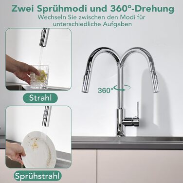 Змішувач кухонний з висувною лійкою та душем, 360° поворот, 2 режими, нержавіюча сталь (хром)