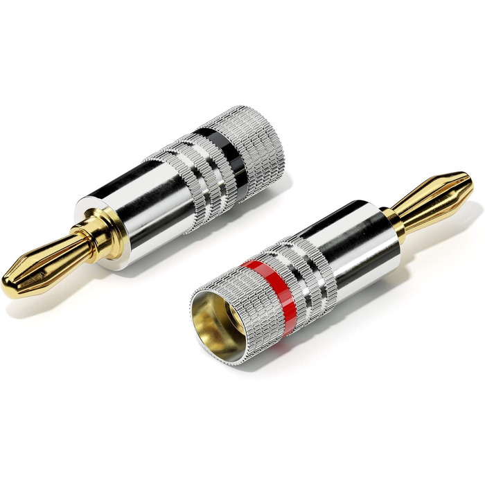 Бананові конектори Sonero® для акустичних кабелів до 6 мм², 4 шт. з кольоровим кодуванням (12x червоний, 12x чорний), 24K позолота (8 шт., High-End, Single)