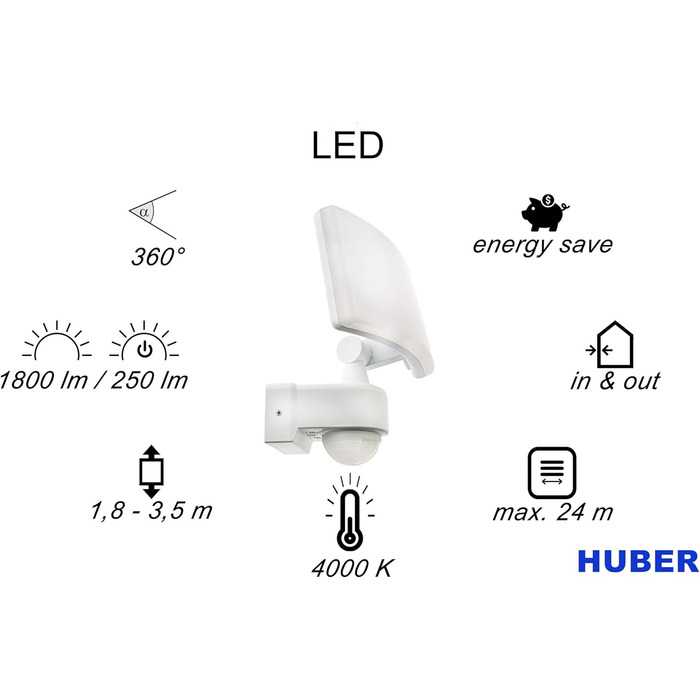 Світлодіодний прожектор HUBER 30Вт, 3300лм, IP65, білий, з датчиком руху, для зовнішнього освітлення, настінний і кутовий монтаж
