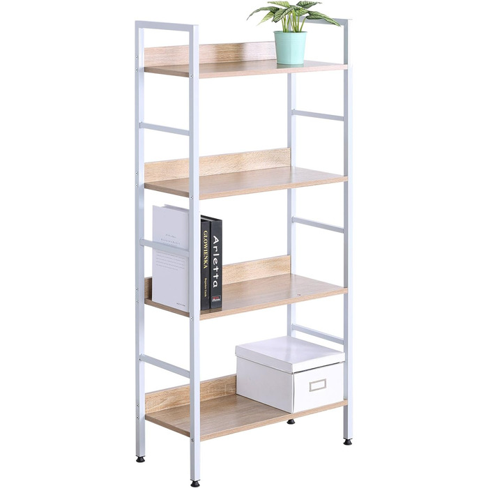 WOLTU 4-Tier Shelf Unit Bookshelf Kitchen Shelf Bathroom Shelf Made of Wood and Metal, Shelves for Storage Room 60 x 27.5 x 126 cm White + Light Oak RGB9304hei