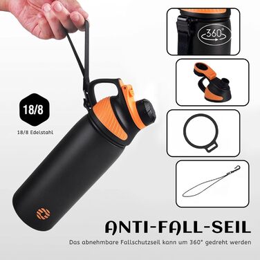 Фляга спортивна Fjbottle Edelstahl 1л з магнітною кришкою, BPA-Free, для школи, фітнесу, чорна