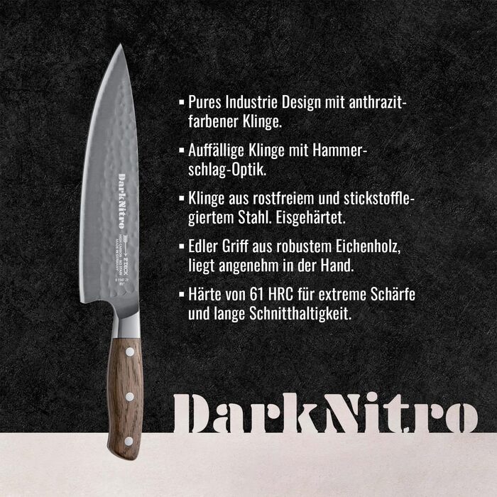 Ніж кухарський F. DICK Kochmesser DarkNitro 21 см, нержавіюча сталь, кування, гостра клинка 61 HRC, ручка з дуба та сталі, професійний ніж Made in Germany, 81147212