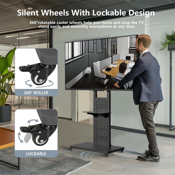 Підставка для телевізора Unho на коліщатках, поворотна 90°, регульована по висоті, з 2 полицями, для телевізорів 32-65