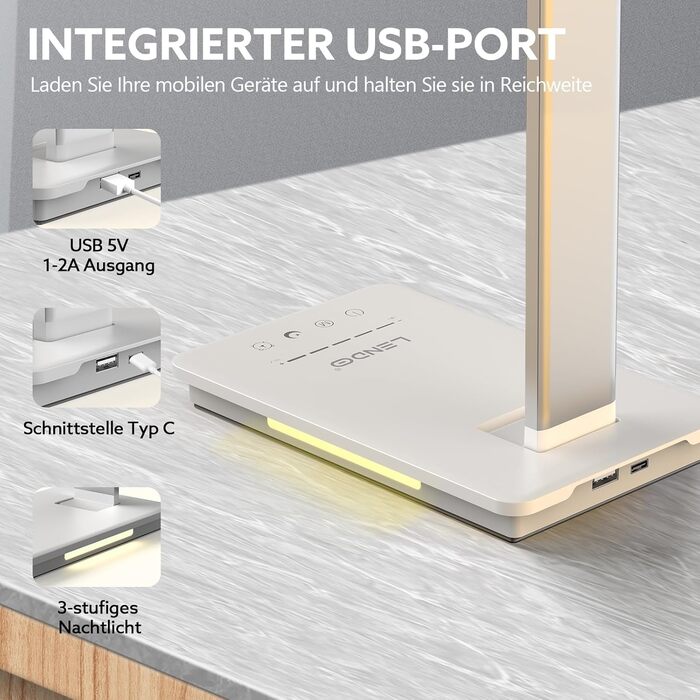 Лампа настільна LED LENDO з двома головками, регульована яскравість 700 люмен, 5 рівнів регулювання, 5 кольорових режимів, USB-порт для зарядки та вбудований акумулятор 2000mAh, для дітей, спальні, читання (срібна)