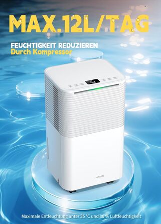 Електричний осушувач повітря 12л/день, сенсорне управління, дисплей, таймер, для дому та сушіння білизни, білий