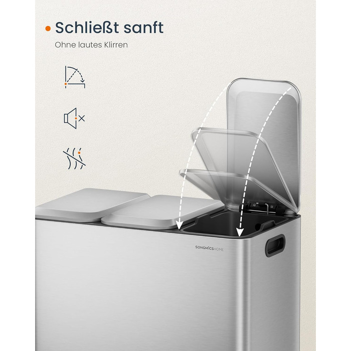 Сміттєвий відер SONGMICS HOME POPNEX LTB740B02 для кухні, система сортування сміття з 3 відсіками по 15 л, сталевий, сріблястий