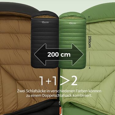 Спальний мішок XXL з пуху 3-4 сезони, 230x100 см, для дорослих, чорний, -3°C | Для кемпінгу, походів, рюкзаків