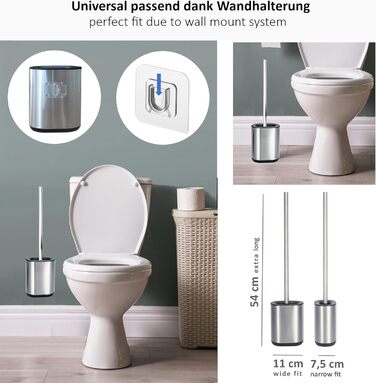 Силіконова щітка для унітазу 3-в-1 з тримачем та кріпленням на стіну, довга ручка з нержавіючої сталі, гігієнічна з ламелями та скребком - набір для ванної кімнати та гостьового туалету, нержавіюча сталь, срібло
